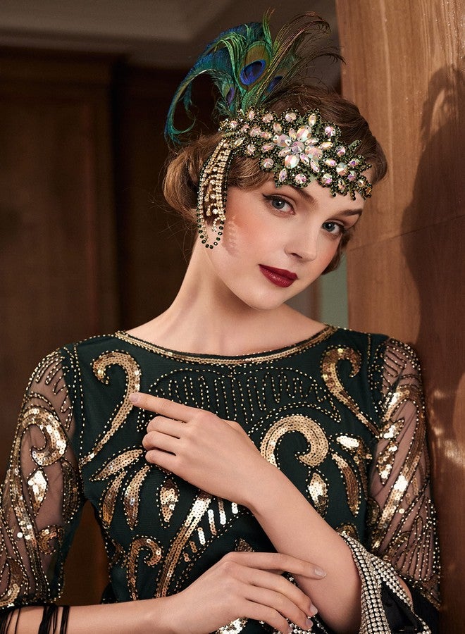 BABEYOND Women's 1920s Headband Flapper Feather Headpiece with Chain Roaring 20s Great Gatsby Themed Party Hair Accessory (Peacock) - Image 4