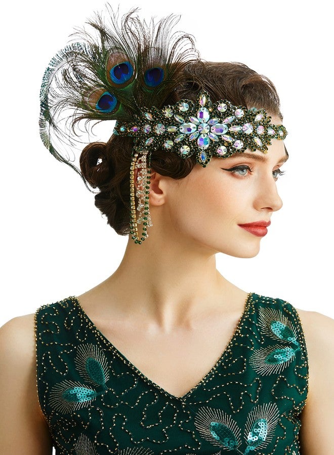 BABEYOND Women's 1920s Headband Flapper Feather Headpiece with Chain Roaring 20s Great Gatsby Themed Party Hair Accessory (Peacock) - Image 1