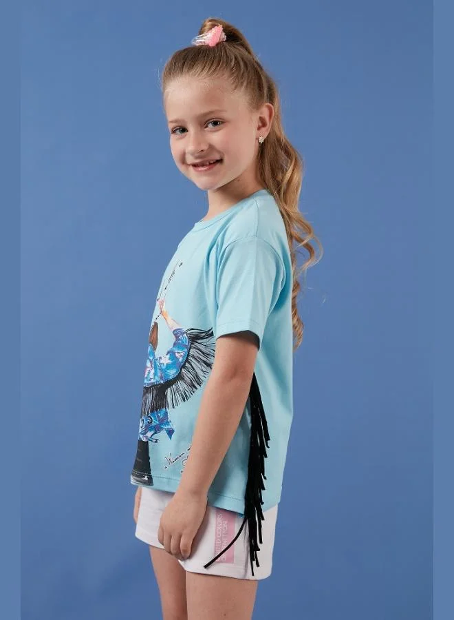 ليلا تيشيرت قطن بطبعة تفاصيل شراشيب ورقبة دائرية للبنات