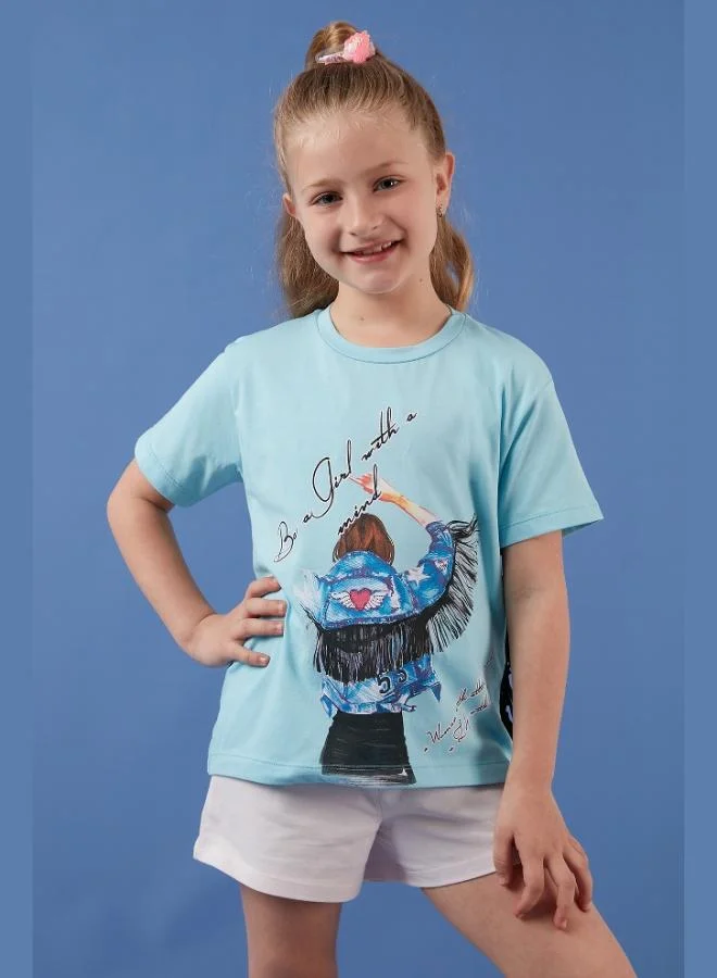 ليلا تيشيرت قطن بطبعة تفاصيل شراشيب ورقبة دائرية للبنات