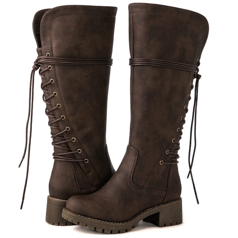 GLOBALWIN Womenâ€™s Brown Lace Up Back Boots Knee High Boots Fashion Boots For Women 7.5M - Image 1