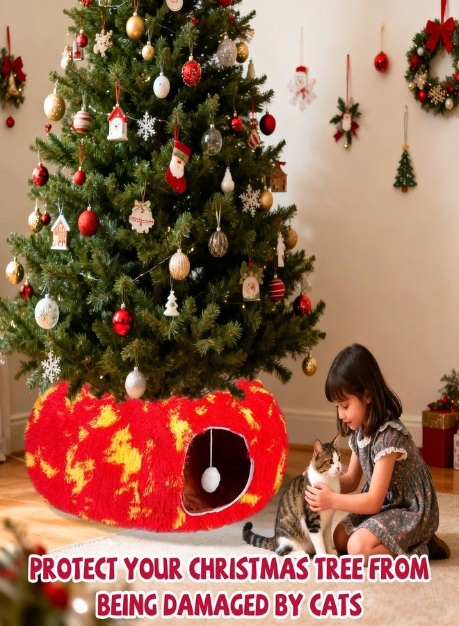 TIMIEEYA Cat Tunnel Christmas Tree Skirt - Christmas Cat Toy Circle Tunnel with Toy Ball, Soft Plush Multifunctional Decorative Cats Tunnels Bed for Indoor Cats(Red) - Image 5