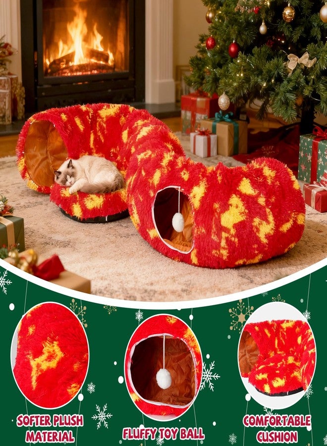 TIMIEEYA Cat Tunnel Christmas Tree Skirt - Christmas Cat Toy Circle Tunnel with Toy Ball, Soft Plush Multifunctional Decorative Cats Tunnels Bed for Indoor Cats(Red) - Image 3