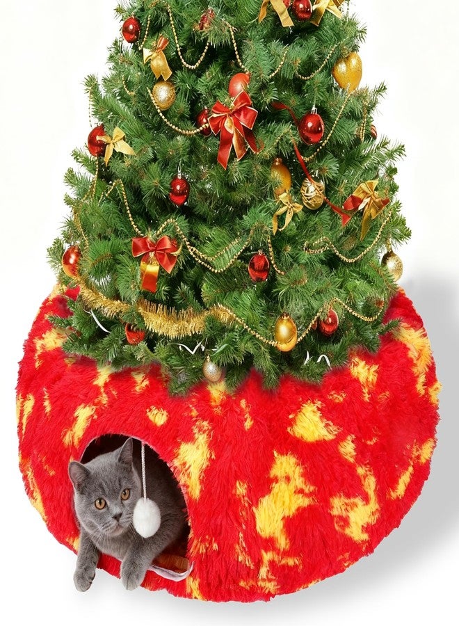 TIMIEEYA Cat Tunnel Christmas Tree Skirt - Christmas Cat Toy Circle Tunnel with Toy Ball, Soft Plush Multifunctional Decorative Cats Tunnels Bed for Indoor Cats(Red) - Image 1