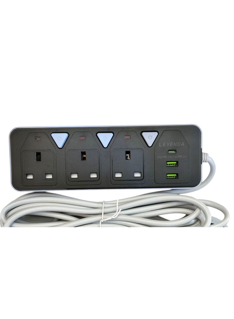 ESR Power Strip Extension Cord with 3 AC Outlets, 3 USB Ports, Individual Switches, 5M Cable – Universal Socket, Surge Protection – Black - Image 1