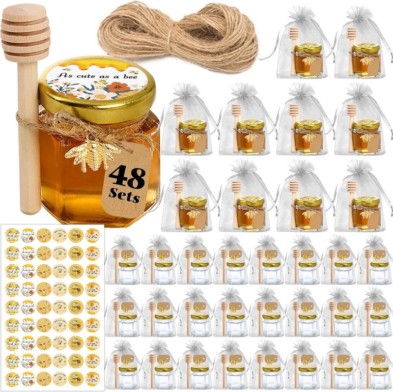 Aliggbent 48 Pack Mini Honey Jars Party Favors in Bulk, 1.5 oz Small Hexagon Glass Honey Jars with Dippers, Lids, Cute Stickers, Bee Charms, Gift Bags and Jute for Baby Showers, Weddings & Birthdays - Image 1