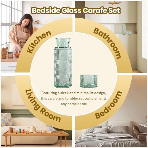 FQDGTFA Bedside Water Carafe and Glass Set, 21.6 Oz Glass Pitcher with 6 Oz Drinking Cup Lid, Multi-Functional Mouthwash Dispenser for Bathroom Counter, Nightstand or Kitchen, Water Bottle Set - Image 5