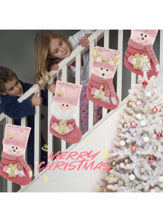 تابيت جوارب عيد الميلاد الوردية (3 قطع) مع بريق ذهبي، مقاس 16 بوصة، كبيرة الحجم، بتصميم ثلاثي الأبعاد على شكل بابا نويل/رجل ثلج/غزال، مناسبة كزينة عائلية لعيد الميلاد، مناسبة للسلالم، أو ديكورات المدفأة المعلقة - Image 5