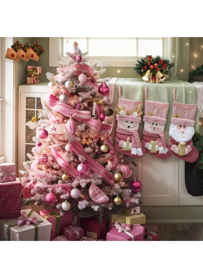 تابيت جوارب عيد الميلاد الوردية (3 قطع) مع بريق ذهبي، مقاس 16 بوصة، كبيرة الحجم، بتصميم ثلاثي الأبعاد على شكل بابا نويل/رجل ثلج/غزال، مناسبة كزينة عائلية لعيد الميلاد، مناسبة للسلالم، أو ديكورات المدفأة المعلقة - Image 4