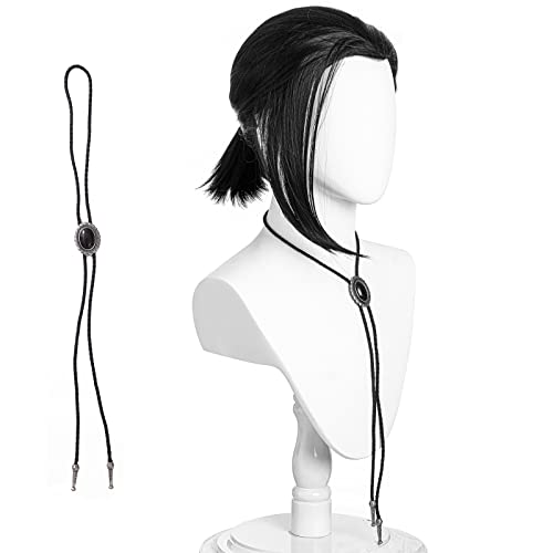 morvally Adult Men Short Black Pigtail Synthetic Hair Wigs with Bolo Tie for Costume Cosplay Halloween Party - Image 1