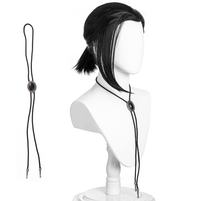 morvally Adult Men Short Black Pigtail Synthetic Hair Wigs with Bolo Tie for Costume Cosplay Halloween Party - Image 3