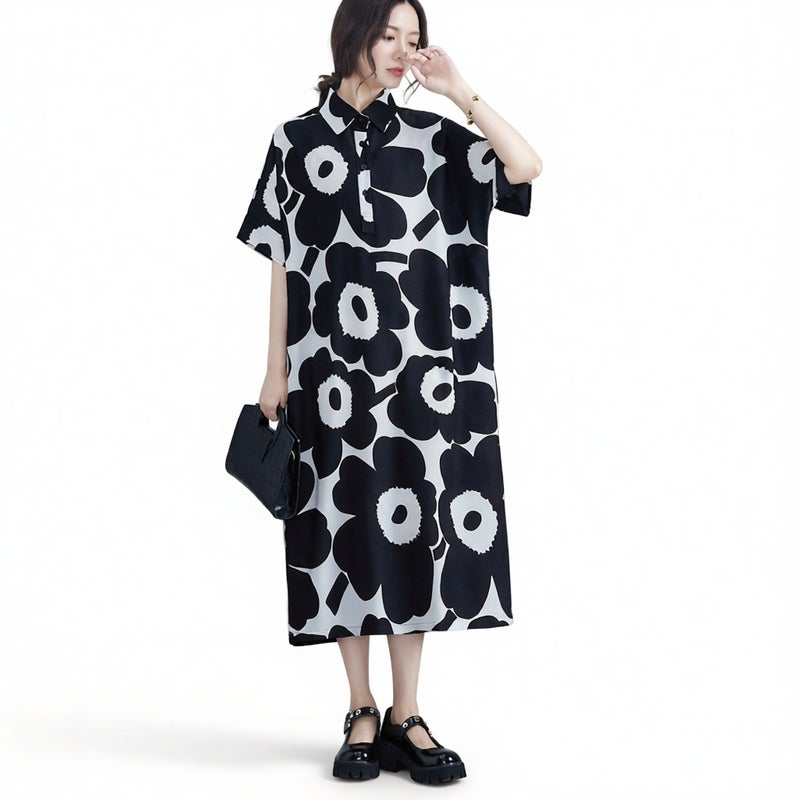 Women's Floral Print Short Sleeve Loose Long Dress - Image 4