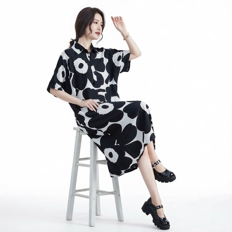 Women's Floral Print Short Sleeve Loose Long Dress - Image 2