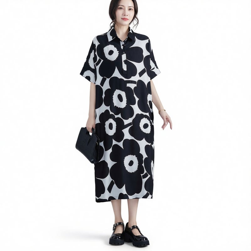 Women's Floral Print Short Sleeve Loose Long Dress - Image 1