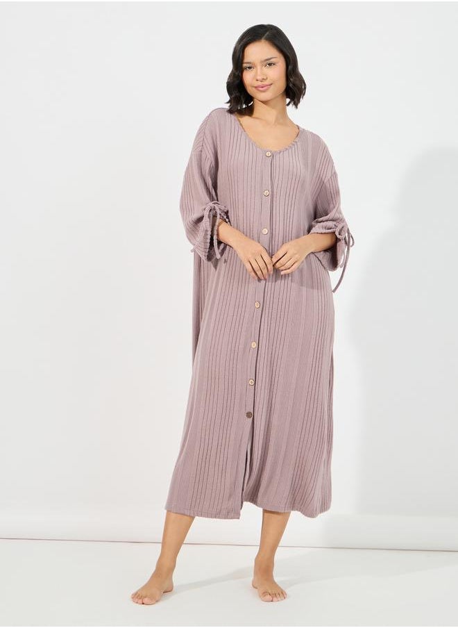 Styli Rib Button Through Ruched Tie Detail Nightdress  - Image 1