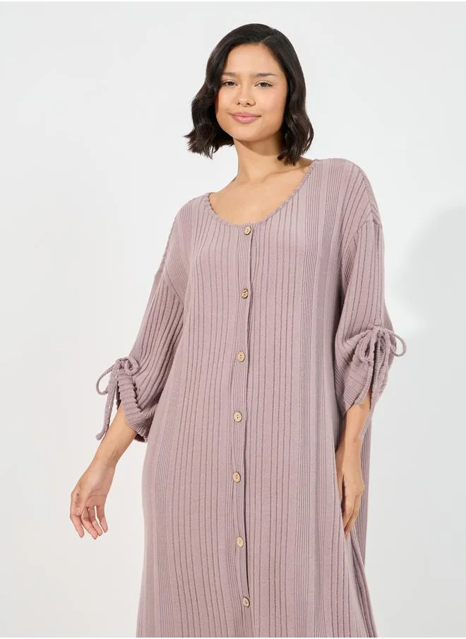 Styli Rib Button Through Ruched Tie Detail Nightdress