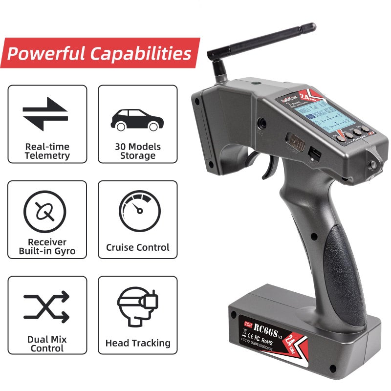 Radiolink RC6GS V3 7 Channels RC Transmitter and Waterproof Gyro Receiver R7FG, 30 Models Storage 2.4Ghz Voltage Telemetry Surface Remote Radio Controller for RC Crawler, Drifting, Car and Boat - Image 2