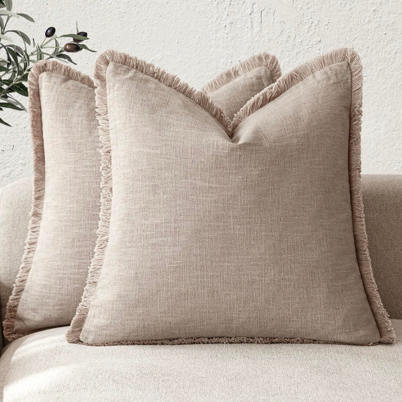 Foindtower Set of 2 Decorative Linen Fringe Throw Pillow Covers Boho Farmhouse Cushion Cover with Tassels Soft Accent Pillowcase for Couch Sofa Bed Living Room Home Decor,26Ã—26 Inch,Natural Linen - Image 1