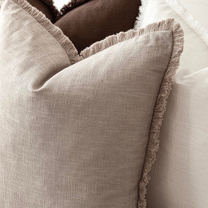 Foindtower Set of 2 Decorative Linen Fringe Throw Pillow Covers Boho Farmhouse Cushion Cover with Tassels Soft Accent Pillowcase for Couch Sofa Bed Living Room Home Decor,26Ã—26 Inch,Natural Linen - Image 5