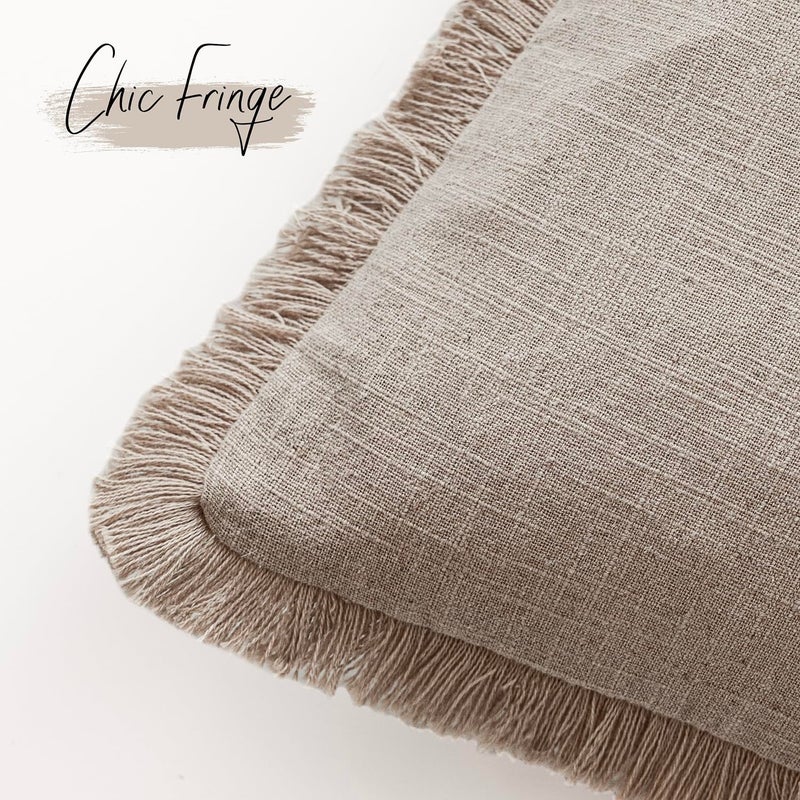 Foindtower Set of 2 Decorative Linen Fringe Throw Pillow Covers Boho Farmhouse Cushion Cover with Tassels Soft Accent Pillowcase for Couch Sofa Bed Living Room Home Decor,26Ã—26 Inch,Natural Linen - Image 3