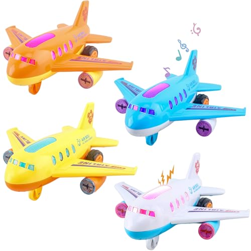 Drayear 4 Pack Light Up Airplane Toys Friction Powered Push Airplane Toy with Lights and Sounds for Kids Birthday Christmas Childrens Day Gift Early Educational Toys - Image 1