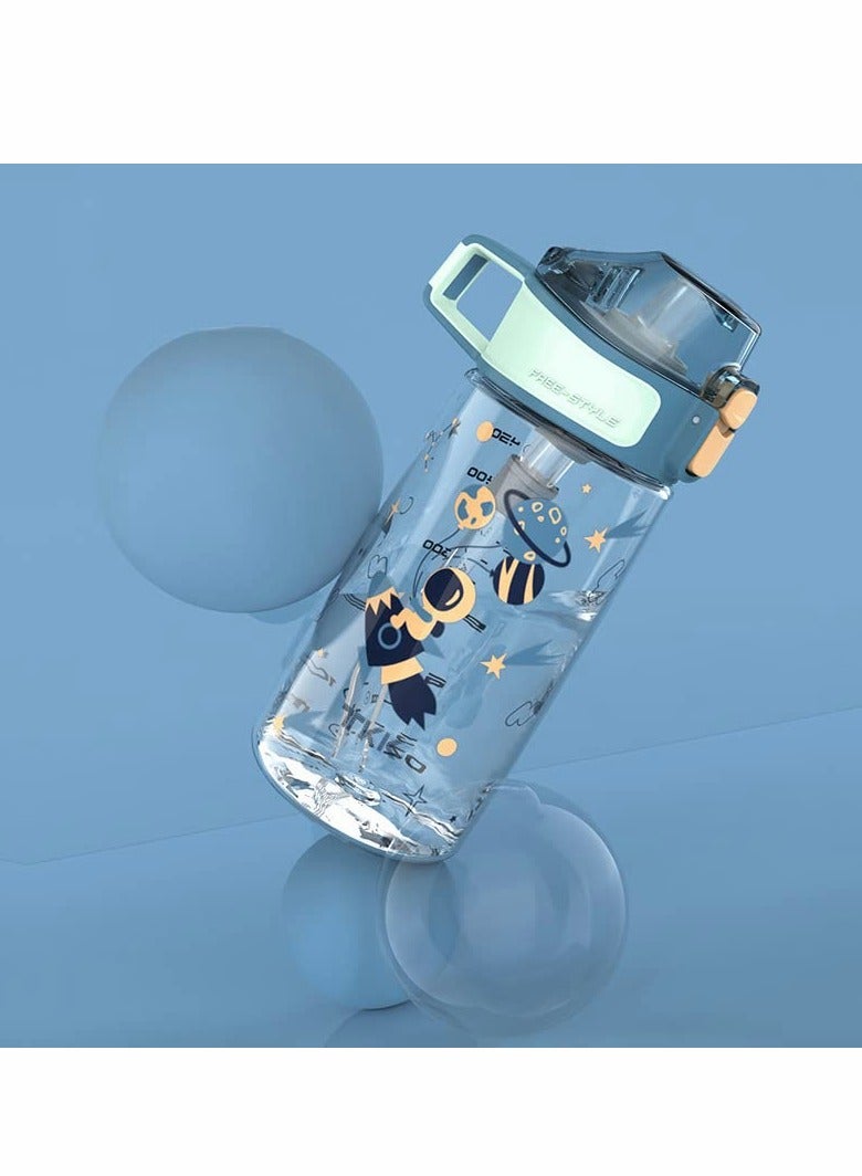 Excefore Kids Water Bottle with Straw 450ML Water Bottle with Measurement Handle BPA-Free for School Children's Suction Nozzle Plastic Scale Cup Portable Pop Up Cover Learning Drinking Straw Cup (Blue) - Image 1