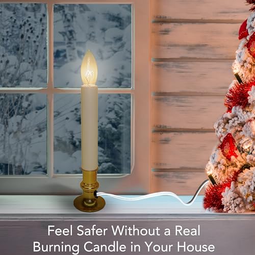 Brite Star Electric Window Candle Lamp - Perfect for Windows, Kitchen & Christmas Decor - Plug in 10 inch Brass Plated Base, White Candle Light, On/Off Timer - Image 2