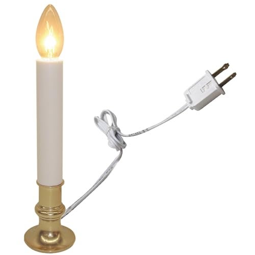 Brite Star Electric Window Candle Lamp - Perfect for Windows, Kitchen & Christmas Decor - Plug in 10 inch Brass Plated Base, White Candle Light, On/Off Timer - Image 1
