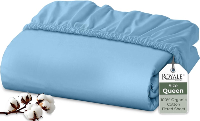 Royale Linens 100% Organic Cotton Fitted Sheet - Percale Weave - Super Soft Deep Pocket Bottom Sheets - Lake Blue Elastic Sheet Queen Size - Queen Fitted Sheets Only - (60"x80"+15", Lake Blue) - Image 1