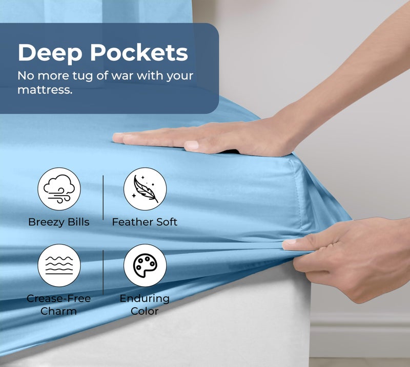 Royale Linens 100% Organic Cotton Fitted Sheet - Percale Weave - Super Soft Deep Pocket Bottom Sheets - Lake Blue Elastic Sheet Queen Size - Queen Fitted Sheets Only - (60"x80"+15", Lake Blue) - Image 4