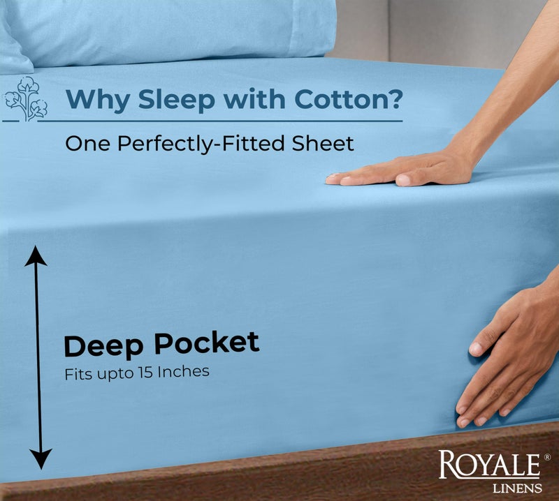 Royale Linens 100% Organic Cotton Fitted Sheet - Percale Weave - Super Soft Deep Pocket Bottom Sheets - Lake Blue Elastic Sheet Queen Size - Queen Fitted Sheets Only - (60"x80"+15", Lake Blue) - Image 2