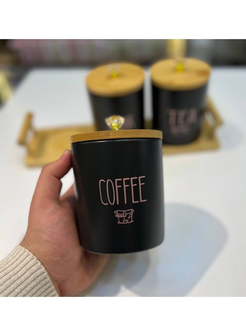 Coffee 3-Piece Porcelain Jar Set with Wooden Lid and Tray - For Storing Sugar, Tea, and Coffee - Modern Kitchen Design - Image 3