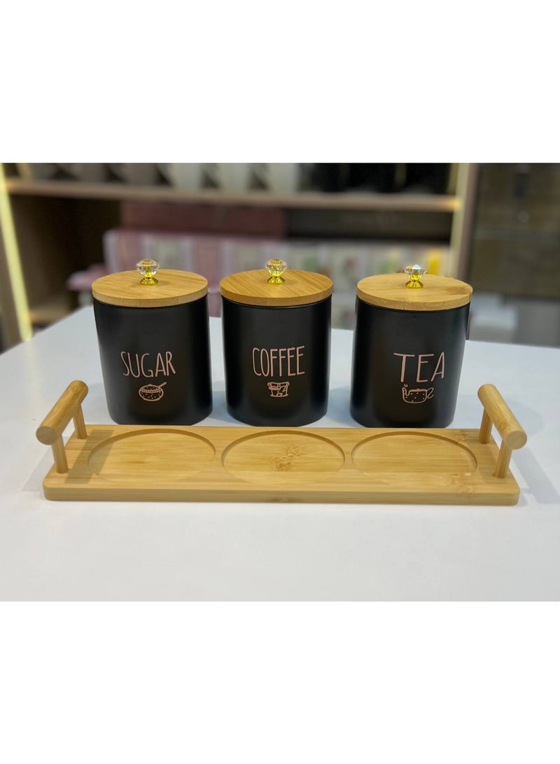 Coffee 3-Piece Porcelain Jar Set with Wooden Lid and Tray - For Storing Sugar, Tea, and Coffee - Modern Kitchen Design - Image 2