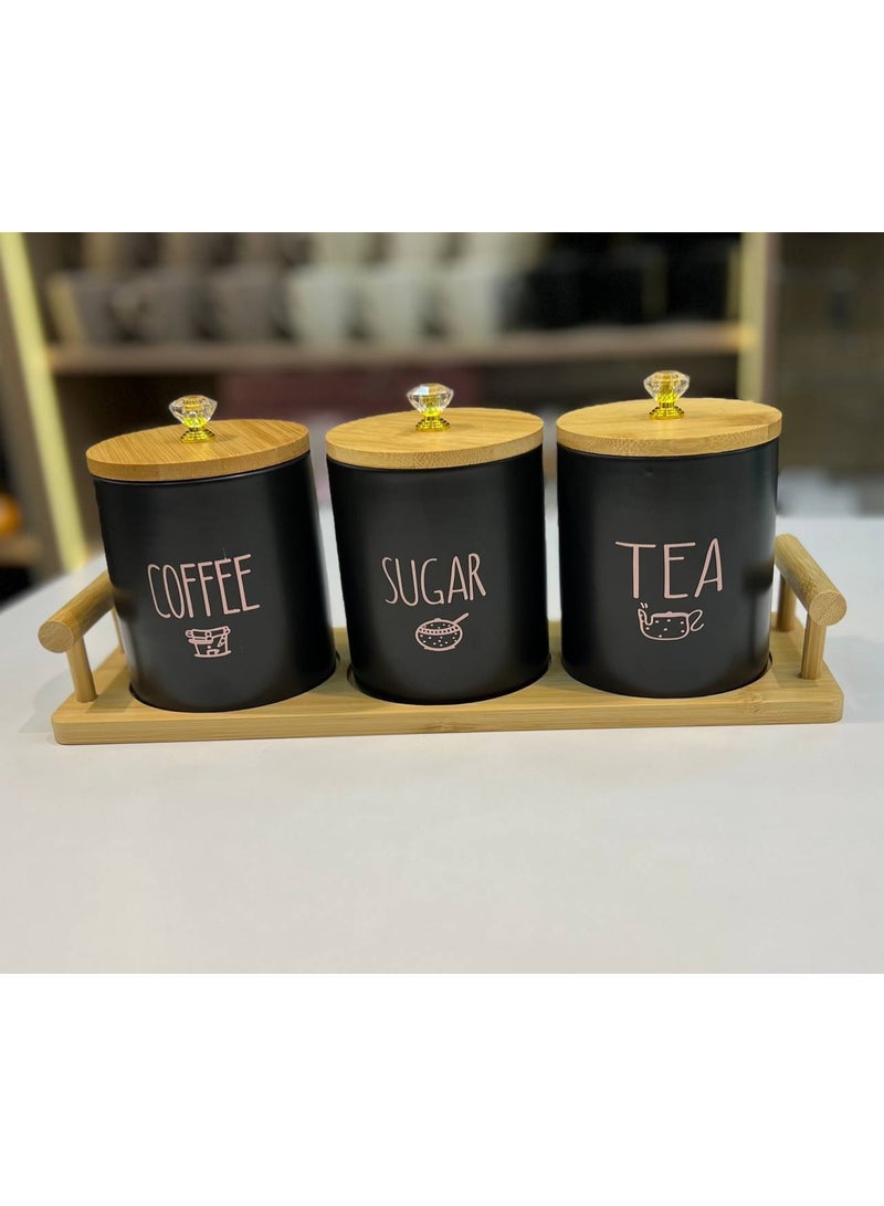Coffee 3-Piece Porcelain Jar Set with Wooden Lid and Tray - For Storing Sugar, Tea, and Coffee - Modern Kitchen Design - Image 1