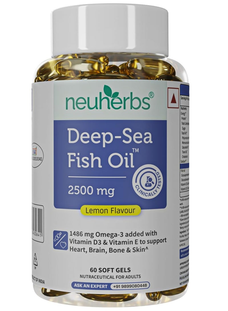 Neuherbs Deep Sea Omega 3 Fish Oil - Omega 3 Supplement Triple Strength 2500 Mg, 60 Softgel for Men and Women, Fish Oil softgels With No Fishy Burps with Lemon Flavour - Image 1