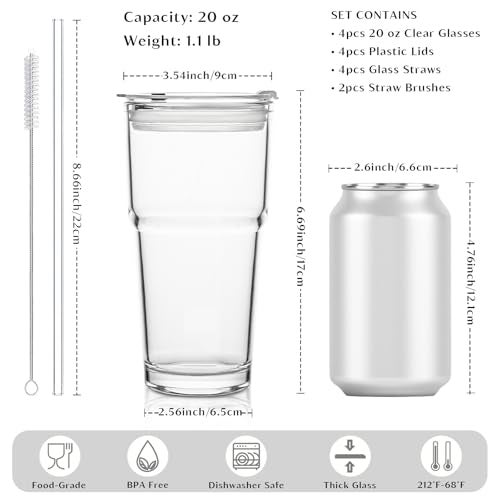 INSETLAN 20oz Glass Tumbler with Glass Straw and Lid, Set of 4 - Thickened Ice Coffee Cup, Glass Cup with Lid and Straw for Smoothie, Tea, Milk, Whiskey, Water and More – Elegant & Durable - Image 2