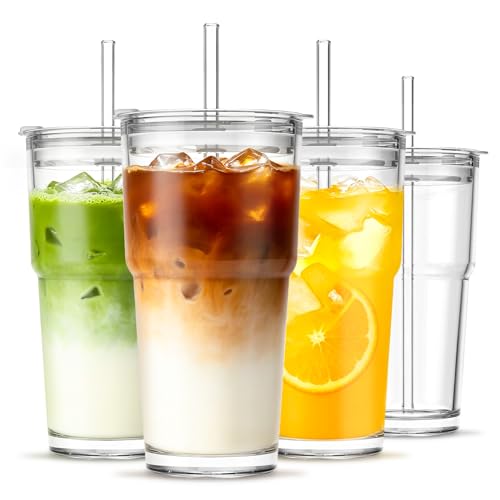 INSETLAN 20oz Glass Tumbler with Glass Straw and Lid, Set of 4 - Thickened Ice Coffee Cup, Glass Cup with Lid and Straw for Smoothie, Tea, Milk, Whiskey, Water and More – Elegant & Durable - Image 1
