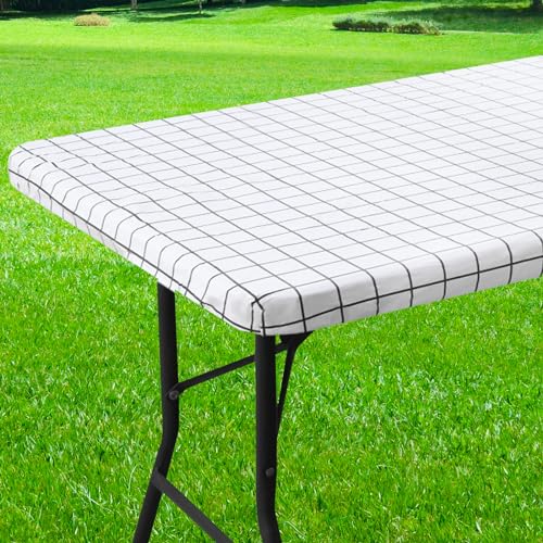 Spotjoy Spotjoy Rectangle Vinyl Table Cloth 30x72 Waterproof Elastic Fitted Tablecloth with Flannel Backing Plastic Table Cover for Picnic Camping Outdoor White 