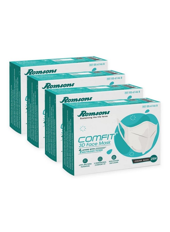 Romsons Comfit 3D Non-Woven Polytetrafluoroethylene Face Mask | Disposable & Snug-Fit | 2 Layers Of Melt-Blown Filters For Men & Women - Black - 100 Pcs (Pack Of 4) - Image 1
