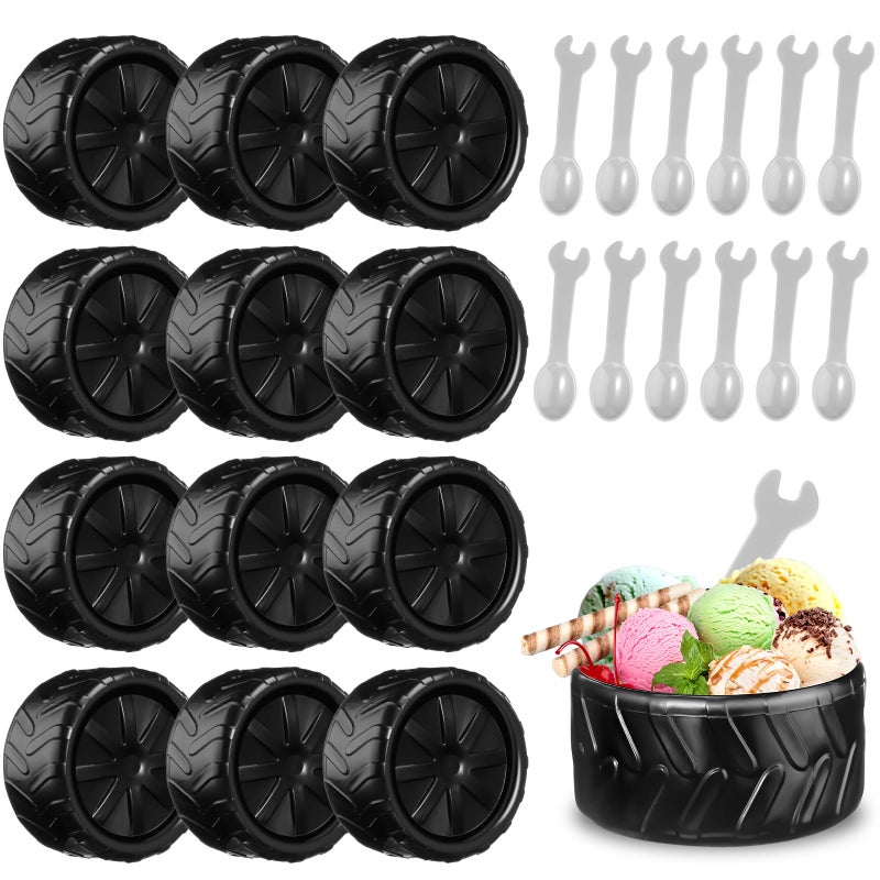 Uiifan 12 Sets Truck Wheel Ice Cream Bowls Spoon Set, Plastic Race Car Party Frozen Yogurt Cups with Spoons Sturdy Truck Wheel Ice Cream for Race Car Theme Party Favor Kids Gift - Image 1
