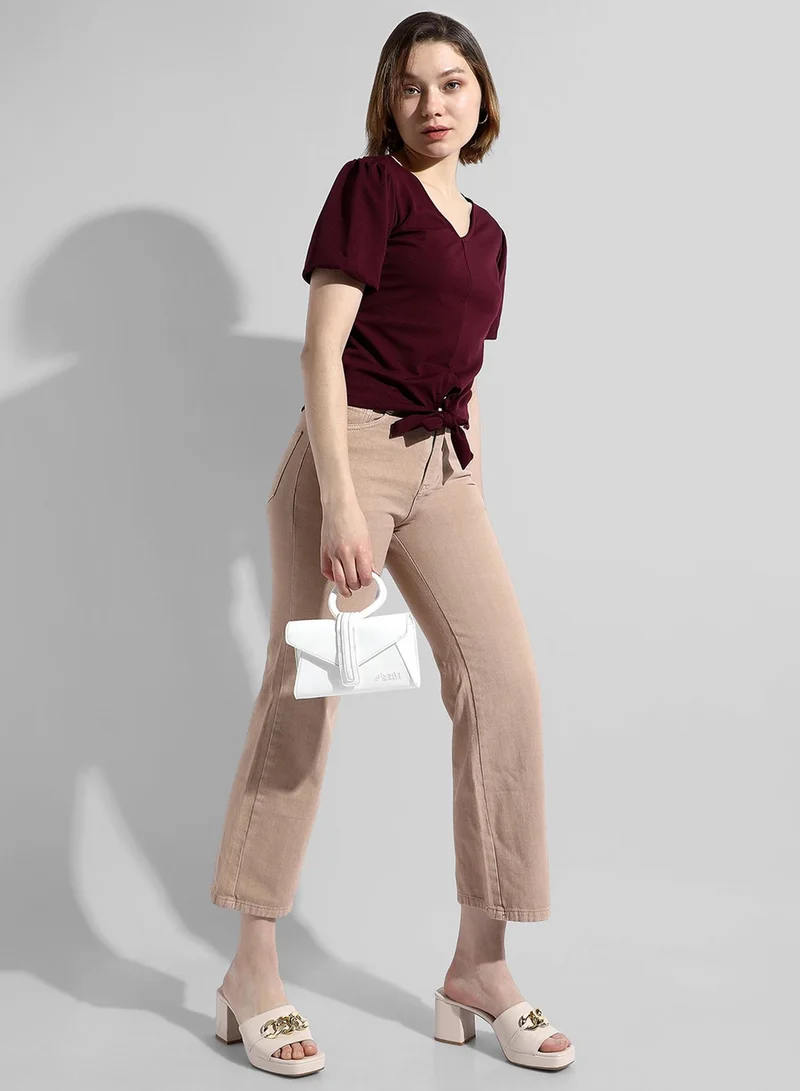 بينيا كولادا PINACOLADA Women's Solid Maroon Regular Fit Top For Casual Wear | V Neck | Short Sleeve | Top Crafted With Regular Sleeve, Comfort Fit & High-Performance For Everyday Wear