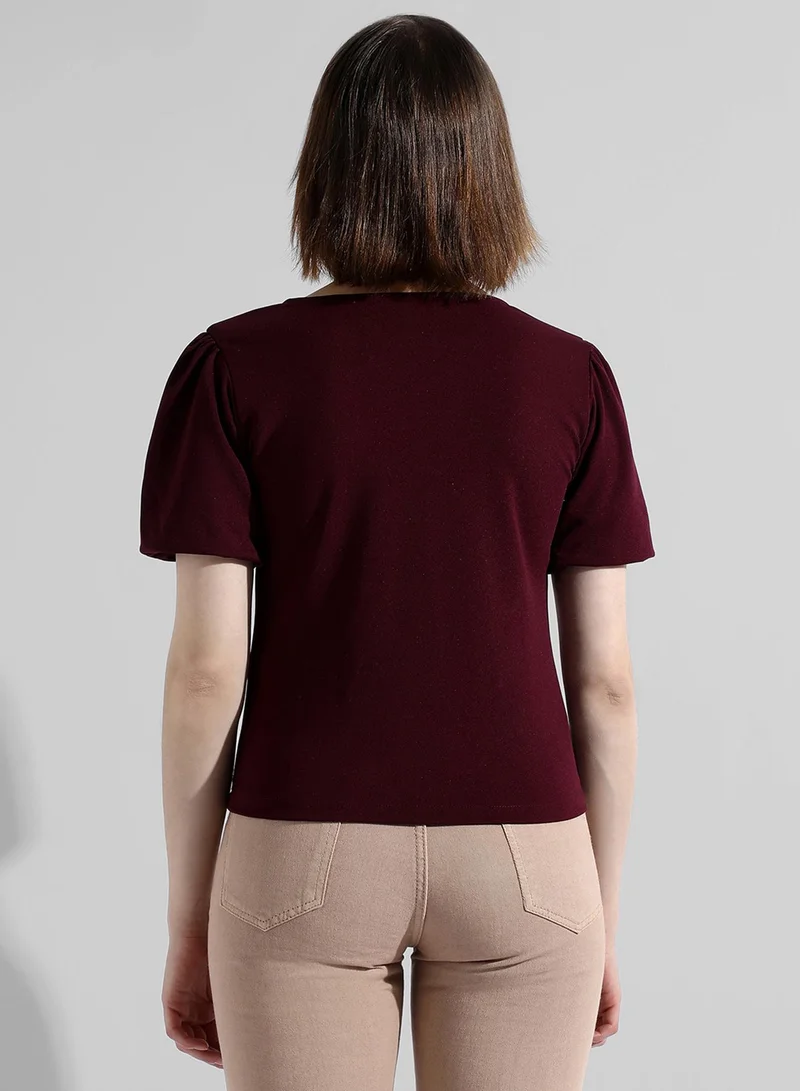 بينيا كولادا PINACOLADA Women's Solid Maroon Regular Fit Top For Casual Wear | V Neck | Short Sleeve | Top Crafted With Regular Sleeve, Comfort Fit & High-Performance For Everyday Wear