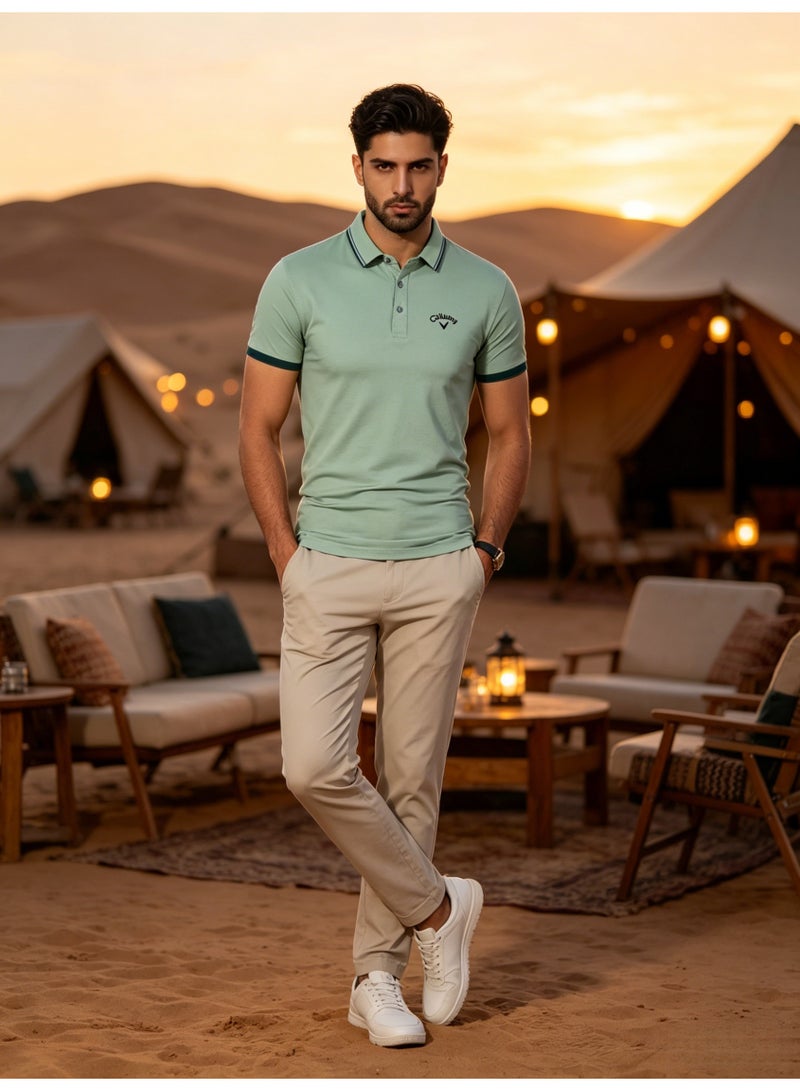 Callaway Men’s Sage Green Contrast Trim Short Sleeve Golf Polo Shirt with Embroidered Chest Logo - Image 1