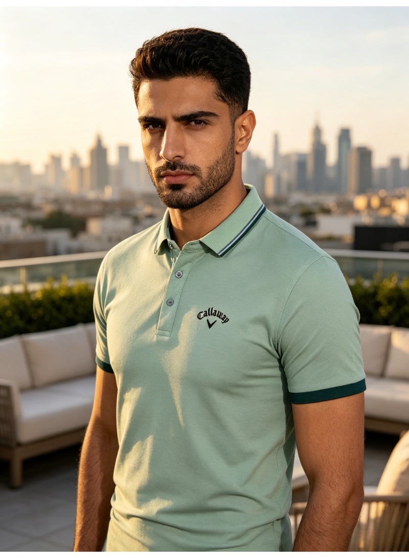 Callaway Men’s Sage Green Contrast Trim Short Sleeve Golf Polo Shirt with Embroidered Chest Logo - Image 2