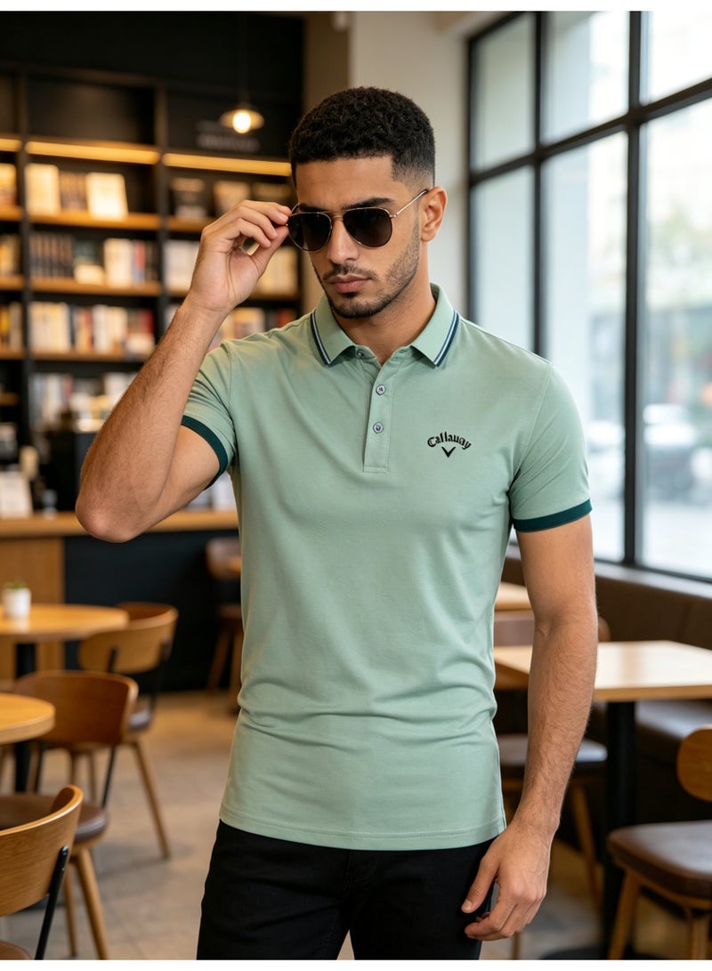 Callaway Men’s Sage Green Contrast Trim Short Sleeve Golf Polo Shirt with Embroidered Chest Logo - Image 5