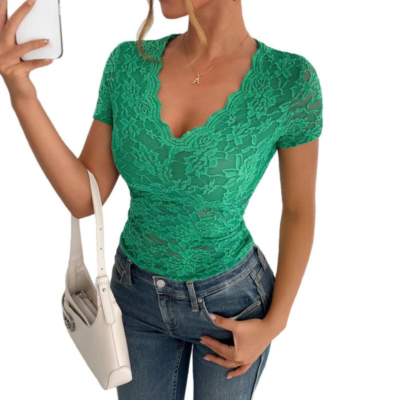 Women's Lace V-Neck Short Sleeve T-Shirt - Image 5
