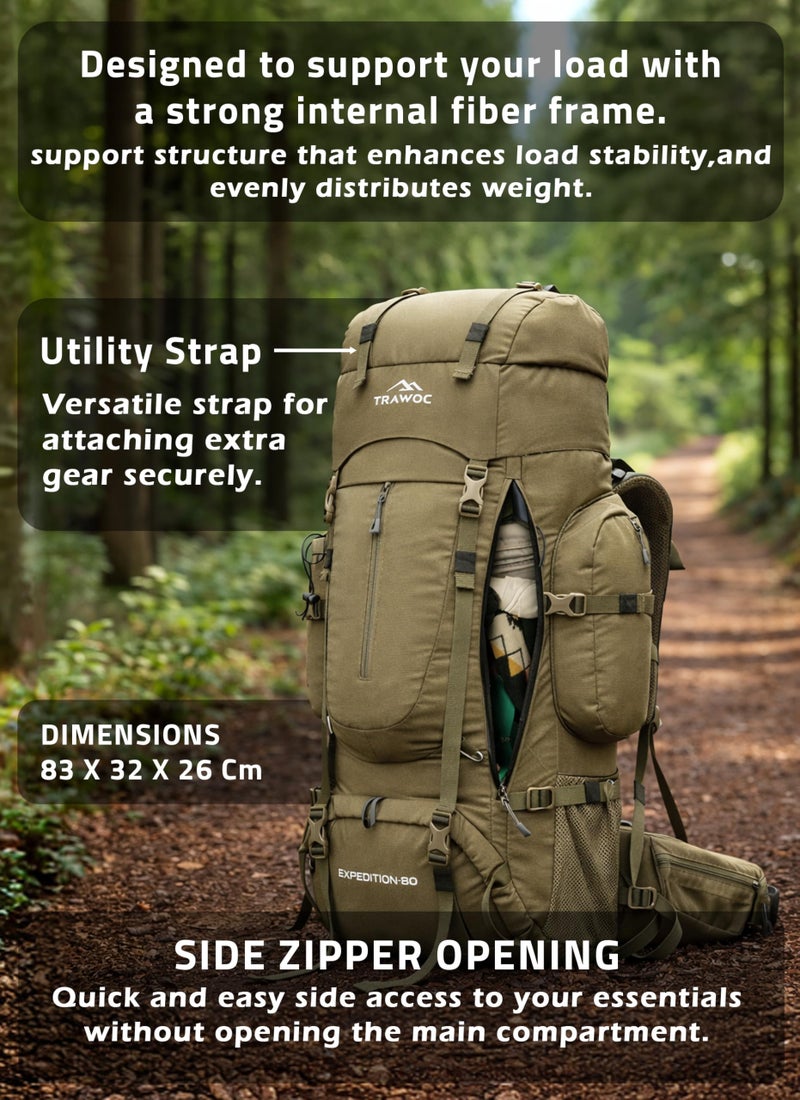 TRAWOC EXPEDITION 80L Travel Backpack Camping Hiking Rucksack Trekking Bag for Men & Women with Water Proof Rain Cover/Shoe Compartment BHK001 Olive Green - Image 3