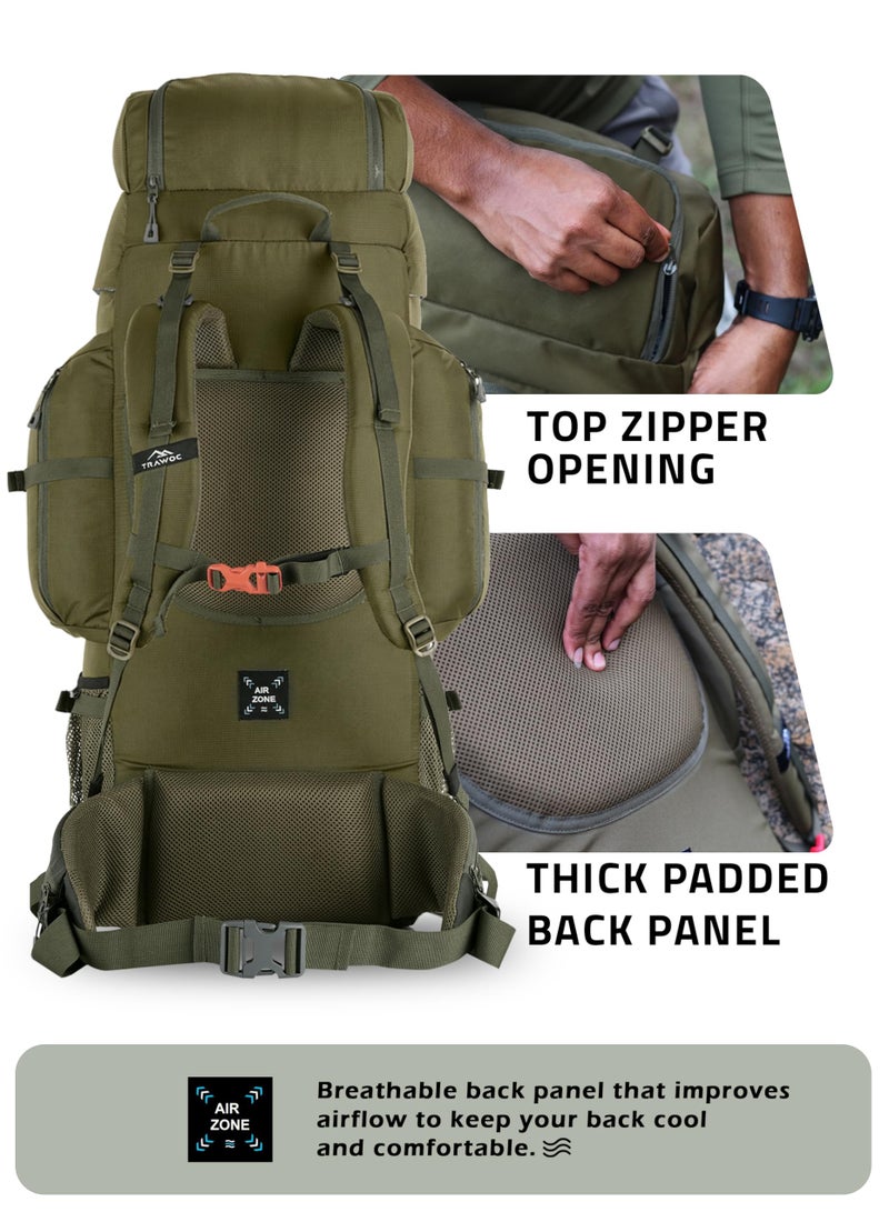 TRAWOC EXPEDITION 80L Travel Backpack Camping Hiking Rucksack Trekking Bag for Men & Women with Water Proof Rain Cover/Shoe Compartment BHK001 Olive Green - Image 4