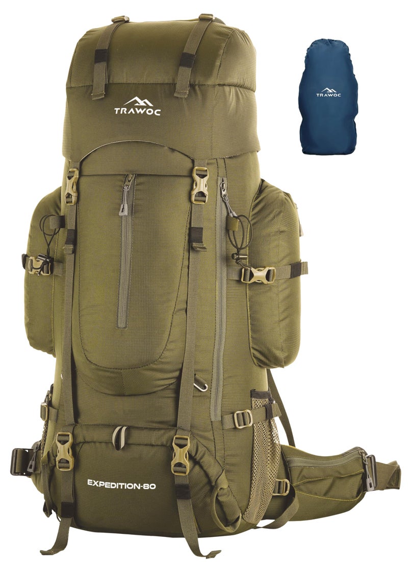 TRAWOC EXPEDITION 80L Travel Backpack Camping Hiking Rucksack Trekking Bag for Men & Women with Water Proof Rain Cover/Shoe Compartment BHK001 Olive Green - Image 1