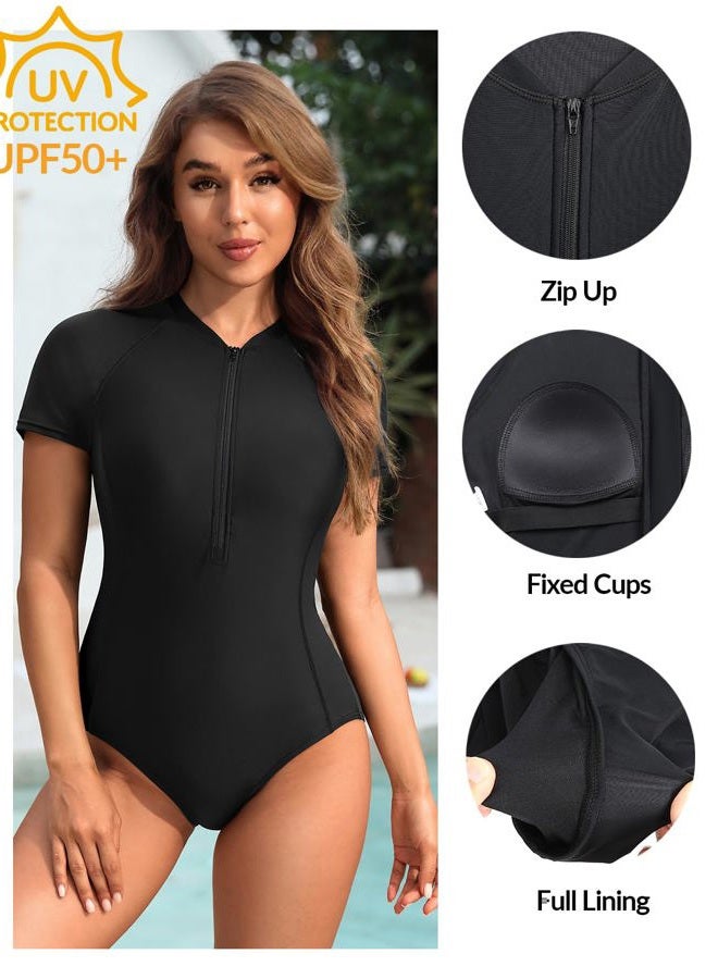 Yonique Women's Rash Guard Short Sleeve Swimsuits One Piece Zipper Bathing Suit Surfing Swimwear UPF 50+, Black, M - Image 5